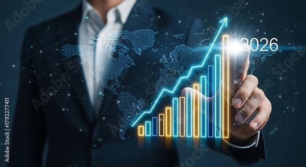 Fototapeta Businessman pointing at a glowing 3d bar chart with an upward trend line and the year 2026 overlay