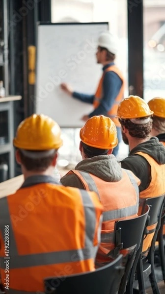 Fototapeta Group of construction workers in safety helmets attending a training session indoors with instructor explaining plans useful for workplace safety materials and industrial education visuals