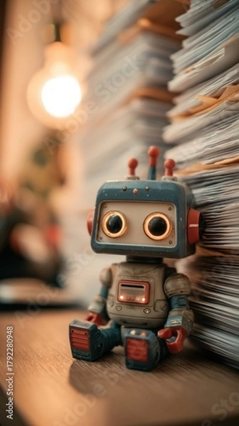 Fototapeta Cute retro style toy robot sitting beside tall stacks of paperwork symbolizing office overload bureaucratic tasks and workflow automation themes for business and technology visuals