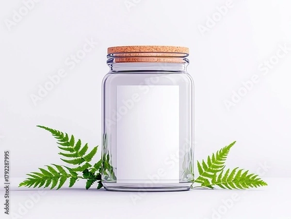 Fototapeta A clear glass jar with a cork lid and a blank white label sits on a white surface, flanked by vibrant green fern leaves.