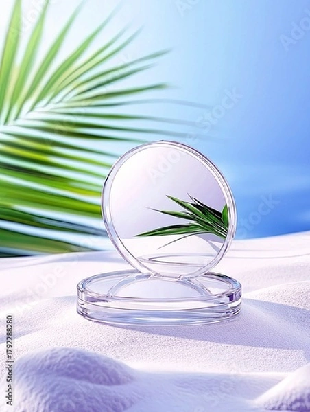 Fototapeta A clear glass petri dish sits on a bed of soft white sand, reflecting a green palm leaf against a bright blue sky.