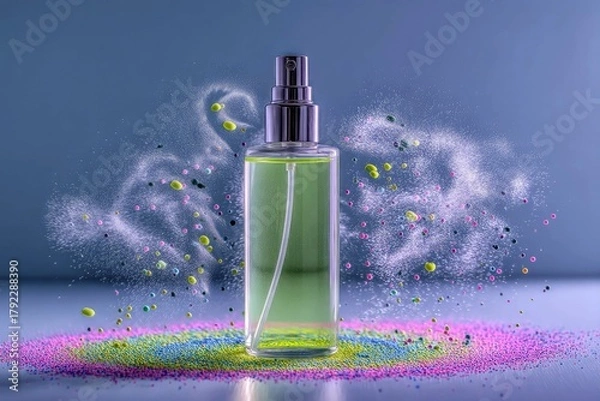 Fototapeta A clear glass spray bottle filled with green liquid is shown with a cloud of colorful particles and mist exploding outwards.