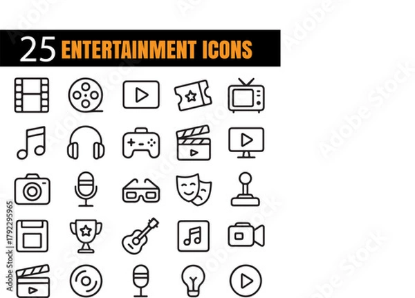 Obraz Modern Entertainment Vector Set | Minimal Outline Icons Collection | Creative Media and Fun Symbols | Flat Design Leisure Illustrations | Editable Line Art for Stock