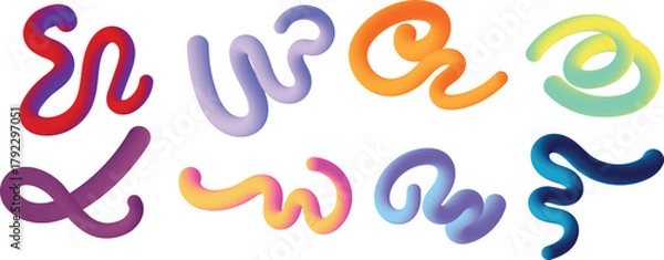 Fototapeta Eight abstract 3D fluid tube shapes with vibrant gradient colors vector