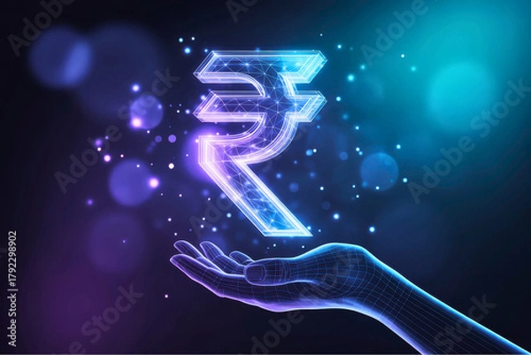 Obraz Digital hand presenting a glowing rupee symbol with bokeh background