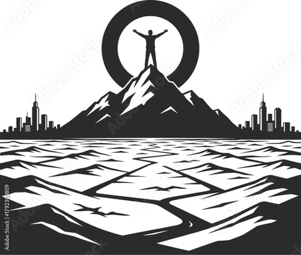 Obraz Silhouette person standing on mountain peak with arms outstretched