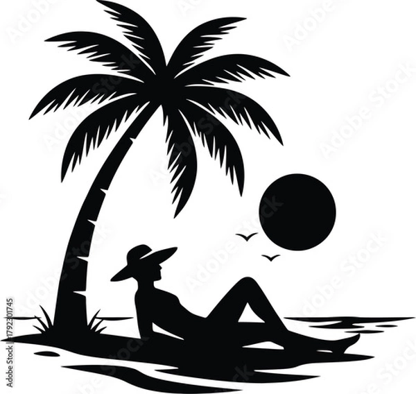 Fototapeta Silhouette relaxing on a beach under a palm tree
