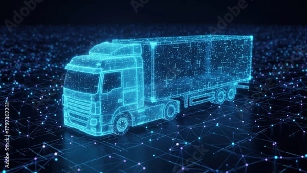 Obraz A futuristic truck made of glowing blue cubes symbolizing smart transport in cold chain logistics solutions