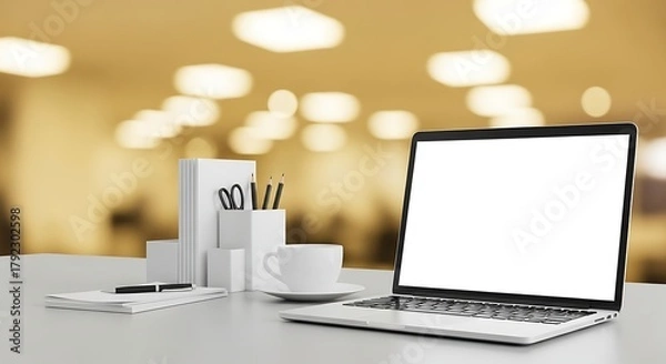 Fototapeta Laptop on Desk with Coffee and Golden Bokeh