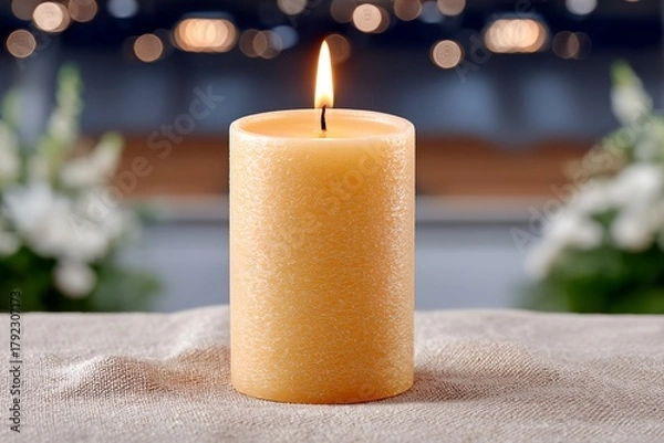Fototapeta Candle is lit and is sitting on a table