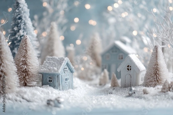 Fototapeta Small house is in the snow with a tree in front of it