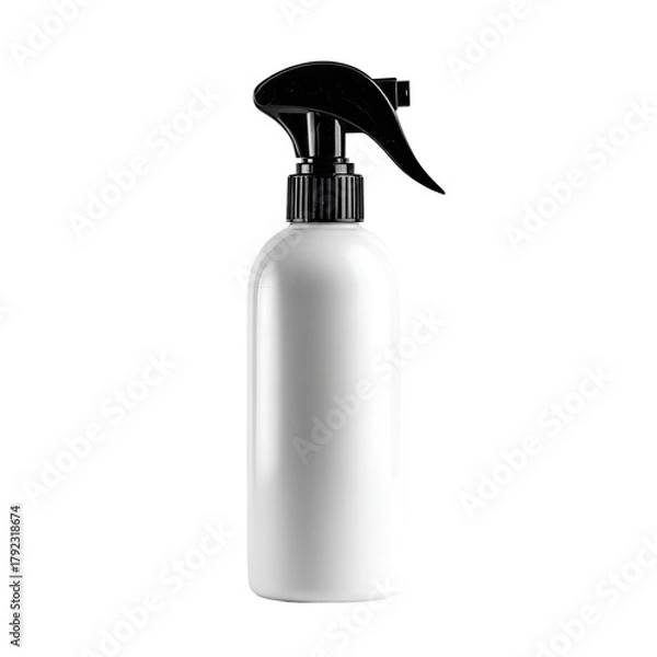 Fototapeta White spray bottle with black trigger on a stark black background