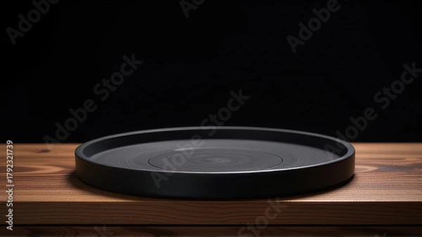 Fototapeta Black round tray on wooden table with dark background, minimalistic design and smooth surface, elegant and modern style for serving or decoration