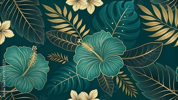 Fototapeta Elegant tropical floral pattern with hibiscus and palm leaves in teal and gold
