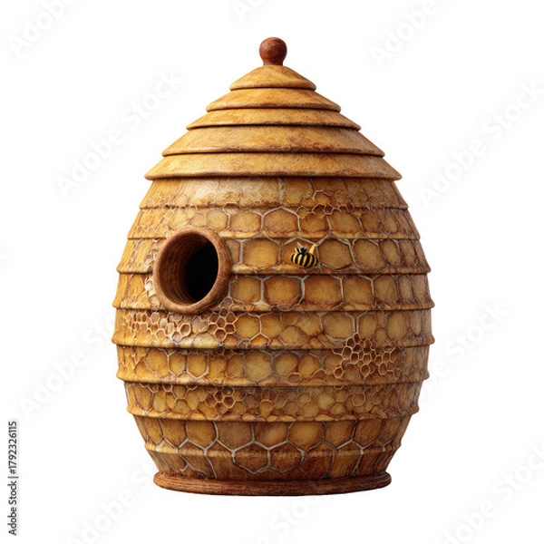 Obraz Hive structure with bee near entrance. Honeycomb texture and round door