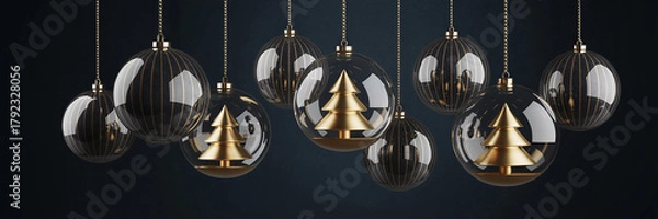 Fototapeta Dark blue and gold Christmas ornaments on deep blue background.