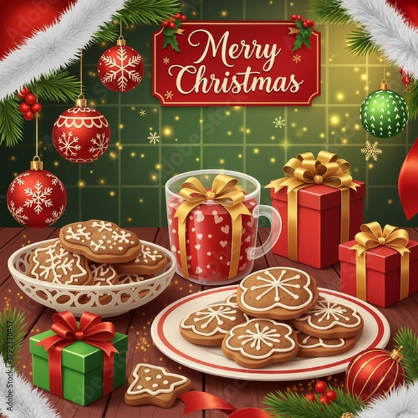 Obraz Christmas cookies and gifts arranged on wooden table with decoration  
