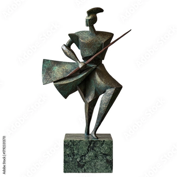 Obraz Geometric bronze figure wielding long object, on green marble base