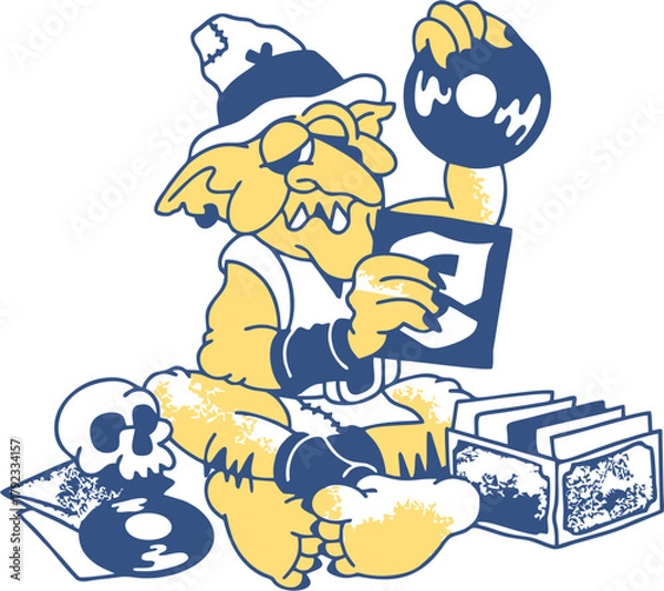 Fototapeta Cool goblin DJ sorting vinyl records in a retro cartoon illustration with vintage blue and yellow tones perfect for music lovers, streetwear, and nostalgic pop culture designs