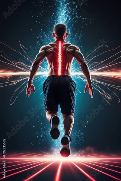 Fototapeta Vertical image of a human figure mid-jump from a burpee broad jump glowing red zone on the lower back motion trails showing explosive movement dark background with high contrast lighting abstract ener