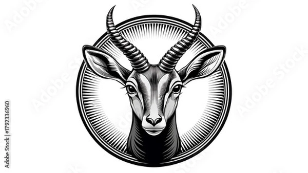 Fototapeta Engraved portrait of a gazelle head with ornate oval frame