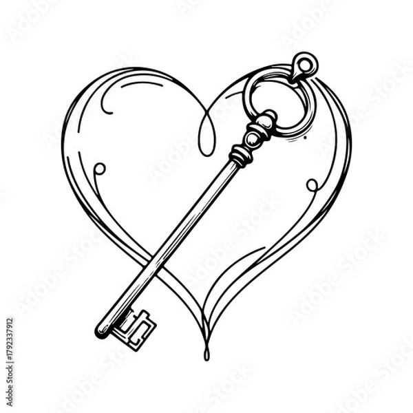 Fototapeta key inside heart, heart key, secret love, hidden emotions, love symbol, romantic illustration, minimal line art, black and white vector, outline drawing, vintage key, heart shape, love lock concept, r