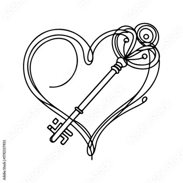 Fototapeta key inside heart, heart key, secret love, hidden emotions, love symbol, romantic illustration, minimal line art, black and white vector, outline drawing, vintage key, heart shape, love lock concept, r