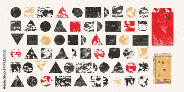 Fototapeta Modern vector set featuring abstract geometric shapes and simple building forms. Rough textures, imperfect edges, and earthy colors. Perfect for posters, patterns, collage art