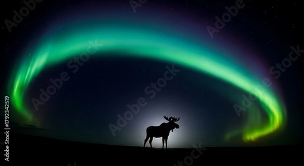 Fototapeta Moose is standing and colorul light on the sky