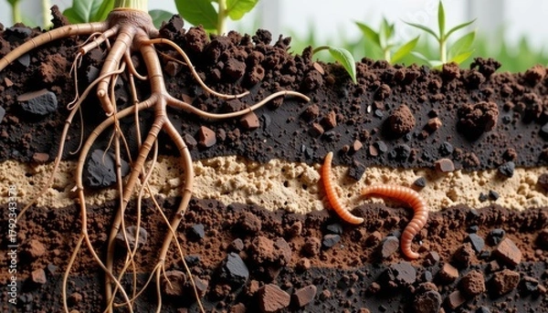 Fototapeta Roots and soil with earthworms, showcasing soil health and ecosystem balance.