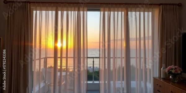 Fototapeta Sunset view through sheer curtains, overlooking the ocean from a cozy interior.