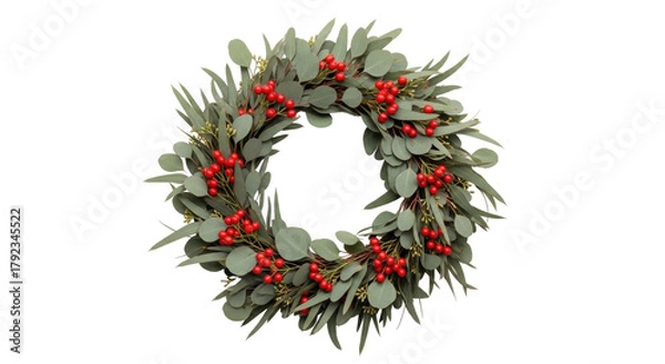 Obraz Isolated Evergreen Wreath with Red Berries, Festive Holiday Decoration and Natural Design Element