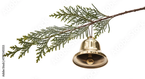 Obraz Isolated Holiday Bell Ornament Hanging from Snowy Pine Branch for Christmas Decoration