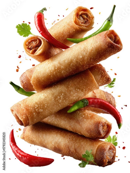 Fototapeta Golden spring rolls with red and green chili peppers in a chaotic heap