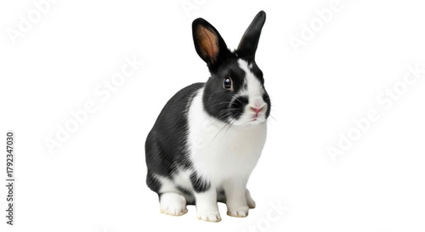 Obraz Isolated bicolor rabbit looking at camera, animal portrait, small cute bunny on display