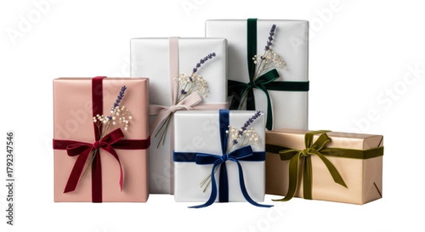 Obraz Isolated gifts with elegant ribbons and botanical accents for special occasions, holidays