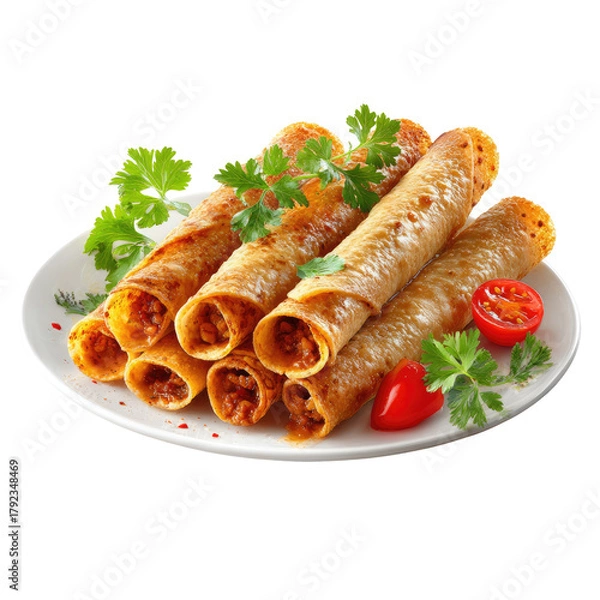 Fototapeta Rolled wraps, stacked on plate, garnished with herbs and tomatoes