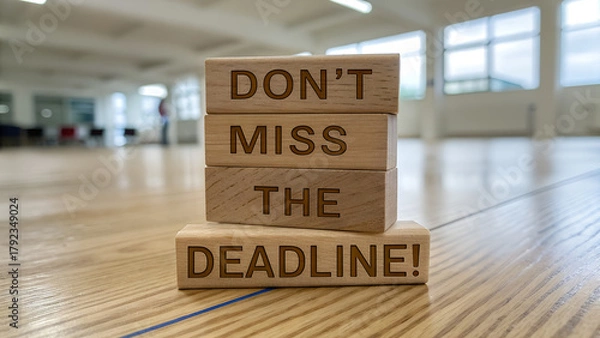 Fototapeta Wooden blocks stacked to display a message about not missing the deadline on a wooden floor in a bright room