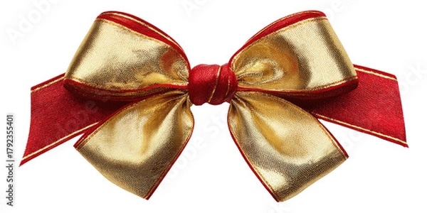 Fototapeta Shiny gold & red ribbon bow with thin gold trim, knotted center