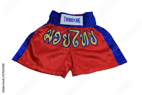 Fototapeta Products from Thailand, Thai boxing pants man isolated white, which thai text on pant is normally call Thai boxing or Mauy Thai and it is standard calling in world wide, 