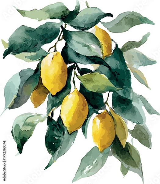 Fototapeta Elegant watercolor artwork featuring a lemon tree with glossy ripe lemons and vibrant green leaves - vector illustration