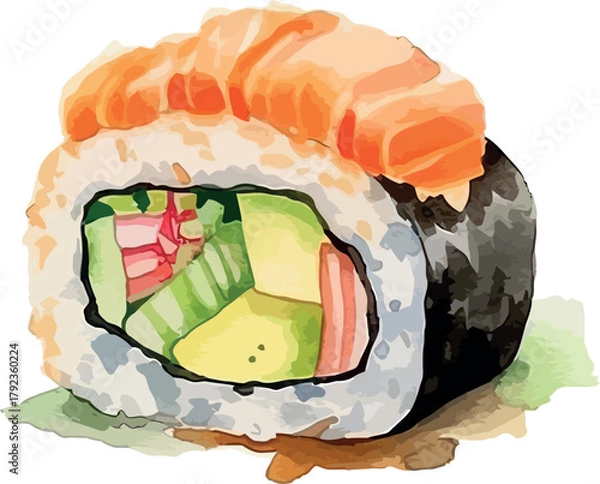 Fototapeta Elegant watercolor artwork of assorted Japanese sushi pieces arranged with artistic balance and delicate detail - vector illustration