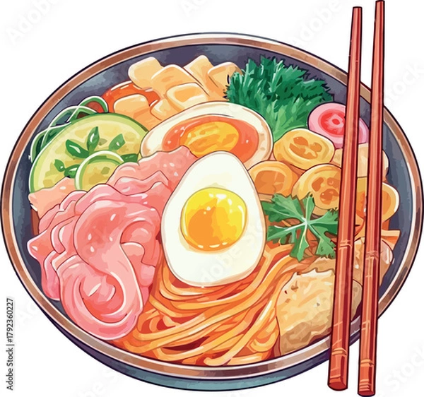 Fototapeta Artistic watercolor illustration of traditional Japanese ramen bowl with noodles, broth, and toppings - vector illustration