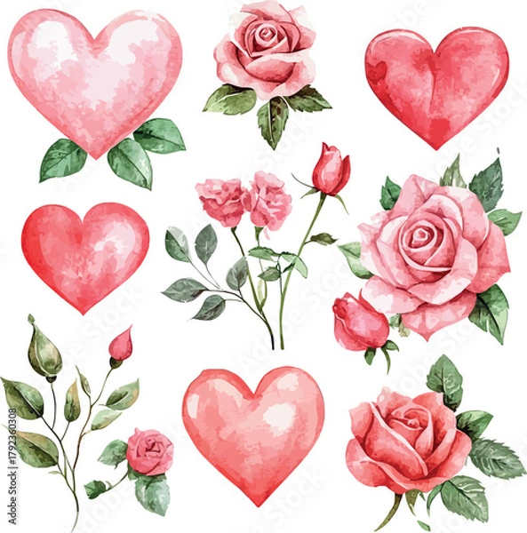 Fototapeta Romantic watercolor composition with roses, hearts, and love-themed decorative elements in soft tones - vector illustration