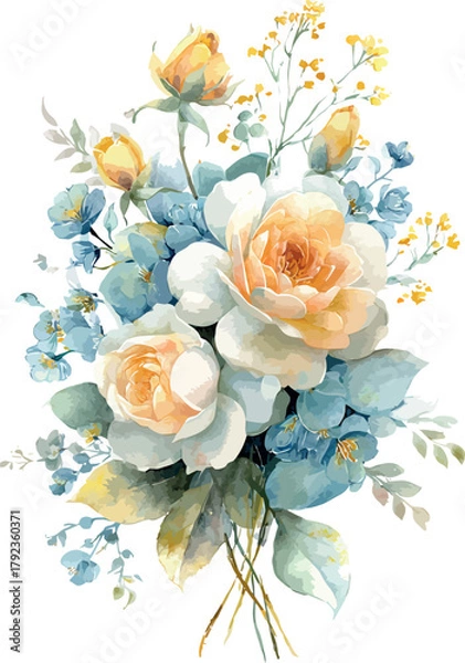 Fototapeta Delicate watercolor artwork of pastel-colored roses and floral elements with soft, romantic tones - vector illustration