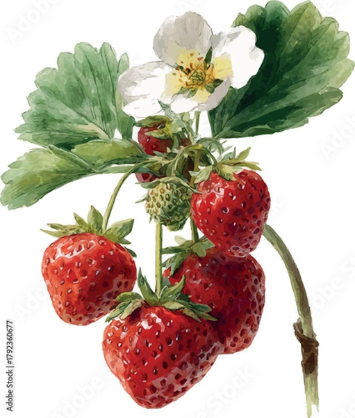 Fototapeta Charming watercolor artwork of a strawberry branch with red berries and fresh green foliage - vector illustration
