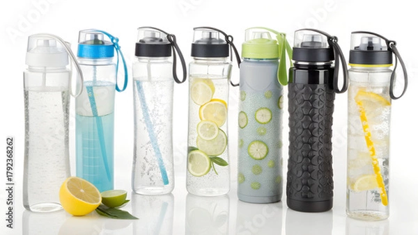 Fototapeta Variety of reusable water bottles, featuring lemon and lime infusions for healthy hydration options