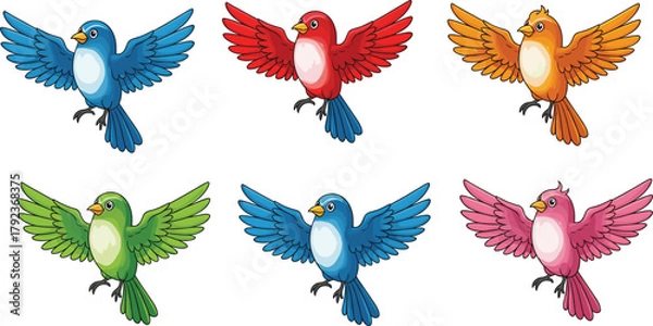 Fototapeta Colorful flying cartoon birds collection, cute animated bird characters in blue, red, orange, green, and pink for children’s illustration