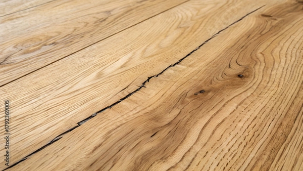 Fototapeta Detailed oak wood flooring with a natural crack, showcasing the texture and grain of the wood for design and backgrounds