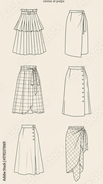Fototapeta Six Different Skirt Technical Drawings: Fashion Flat Sketches Collection